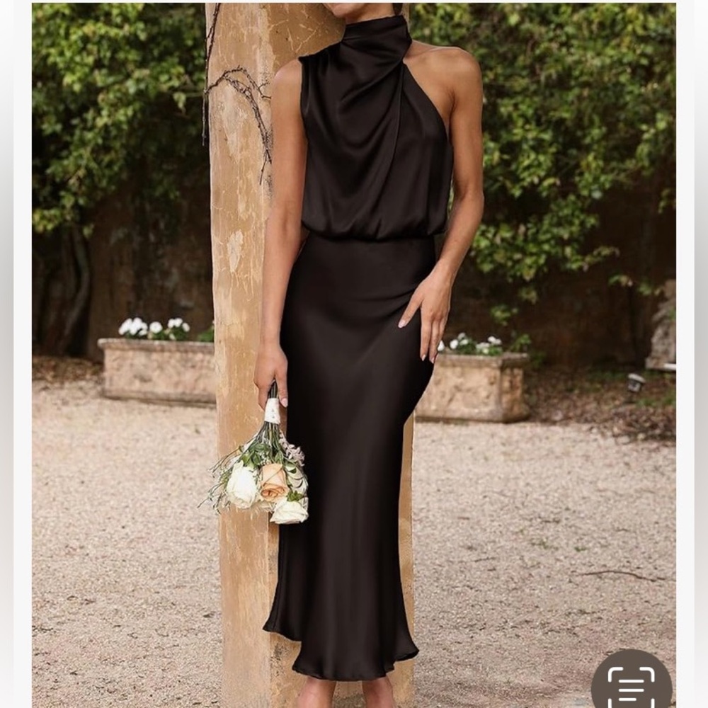 NWT BTFBM Elegant Black satin Sleeveless irregular armhole long Dress size L.